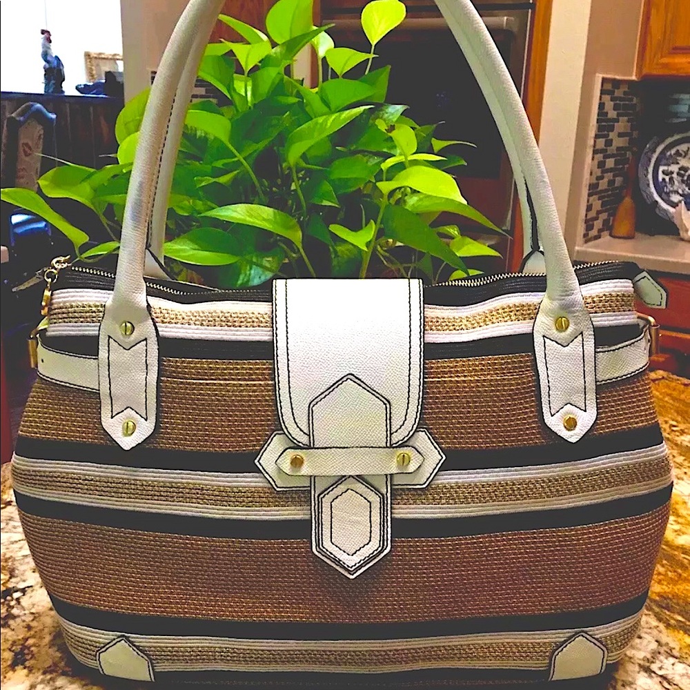 Eric Javits LargeSquishee whiteleather raffia tote